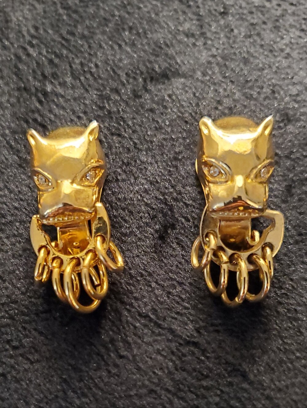 Vintage Gold Tone Panther Doorknocker Clip On Earrings With Rhinestone Eyes